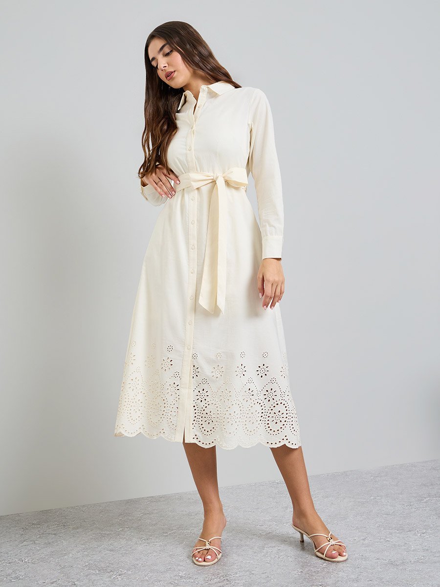 Off White Schiffli Shirt Midi Dress with Tie-Up Belt