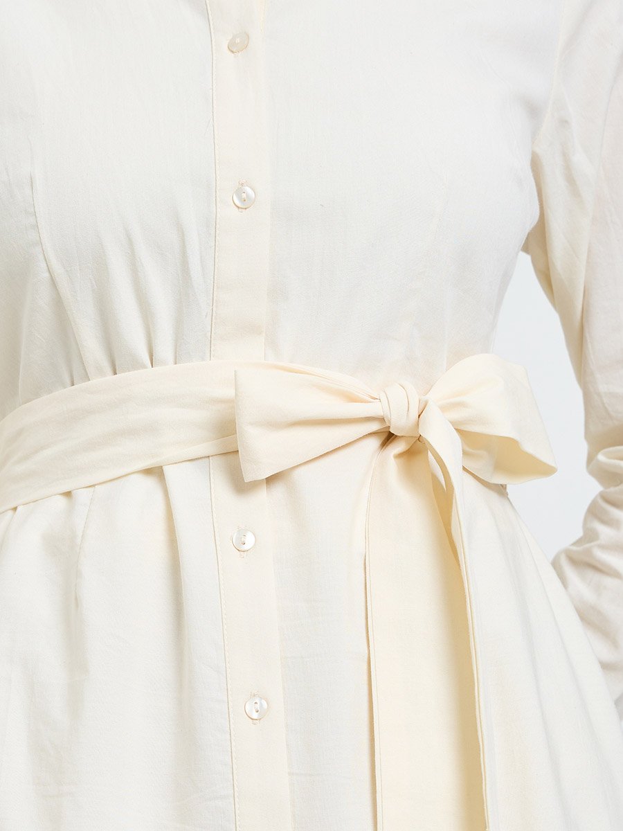 Off White Schiffli Shirt Midi Dress with Tie-Up Belt