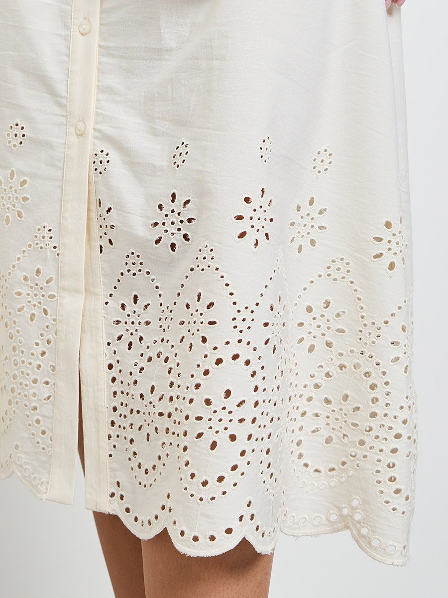 Off White Schiffli Shirt Midi Dress with Tie-Up Belt