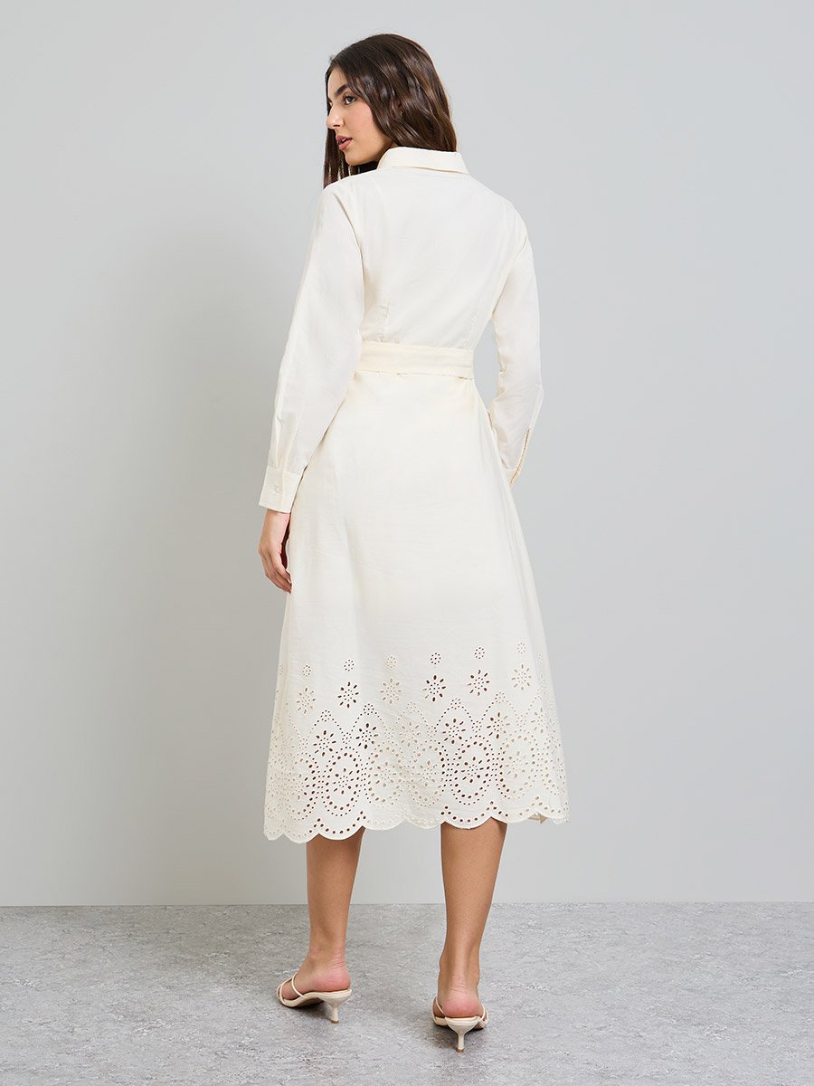 Off White Schiffli Shirt Midi Dress with Tie-Up Belt