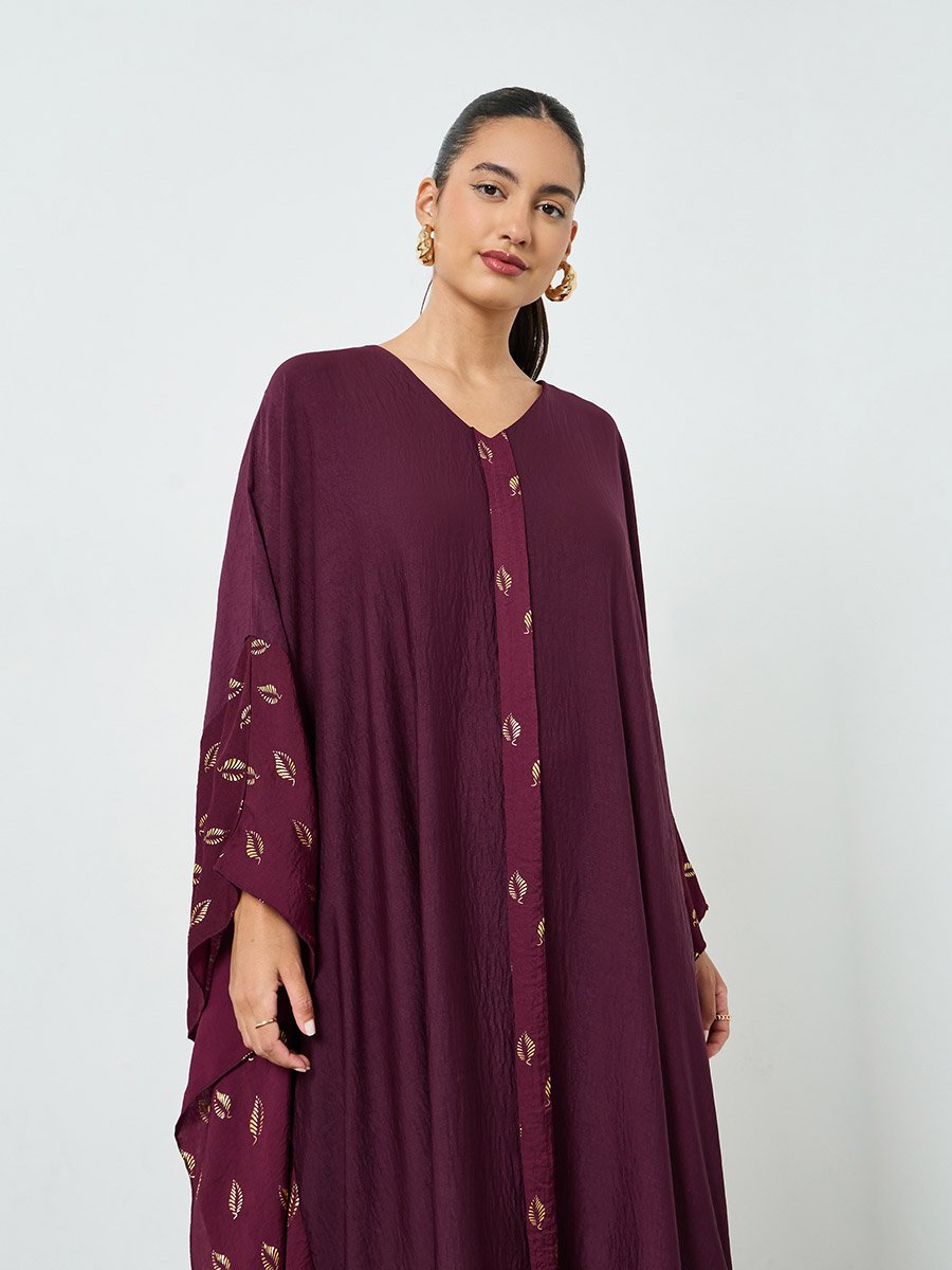 Maroon Printed Kimono Sleeve Kaftan