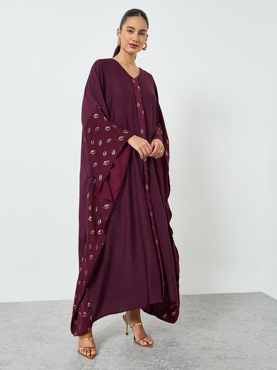 Maroon Printed Kimono Sleeve Kaftan