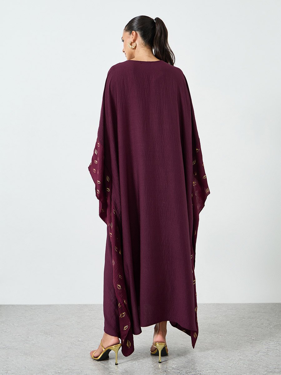 Maroon Printed Kimono Sleeve Kaftan
