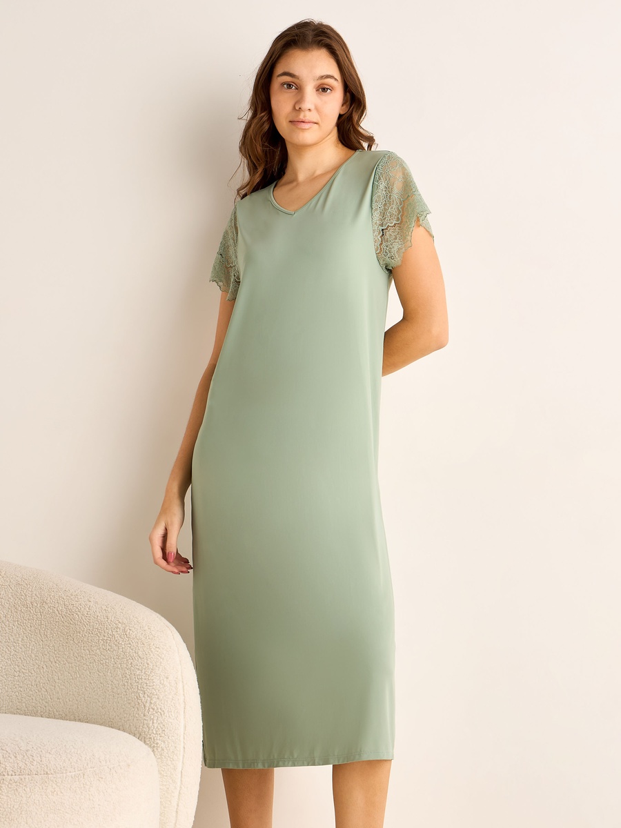 Midi Night Dress with Lace Sleeves