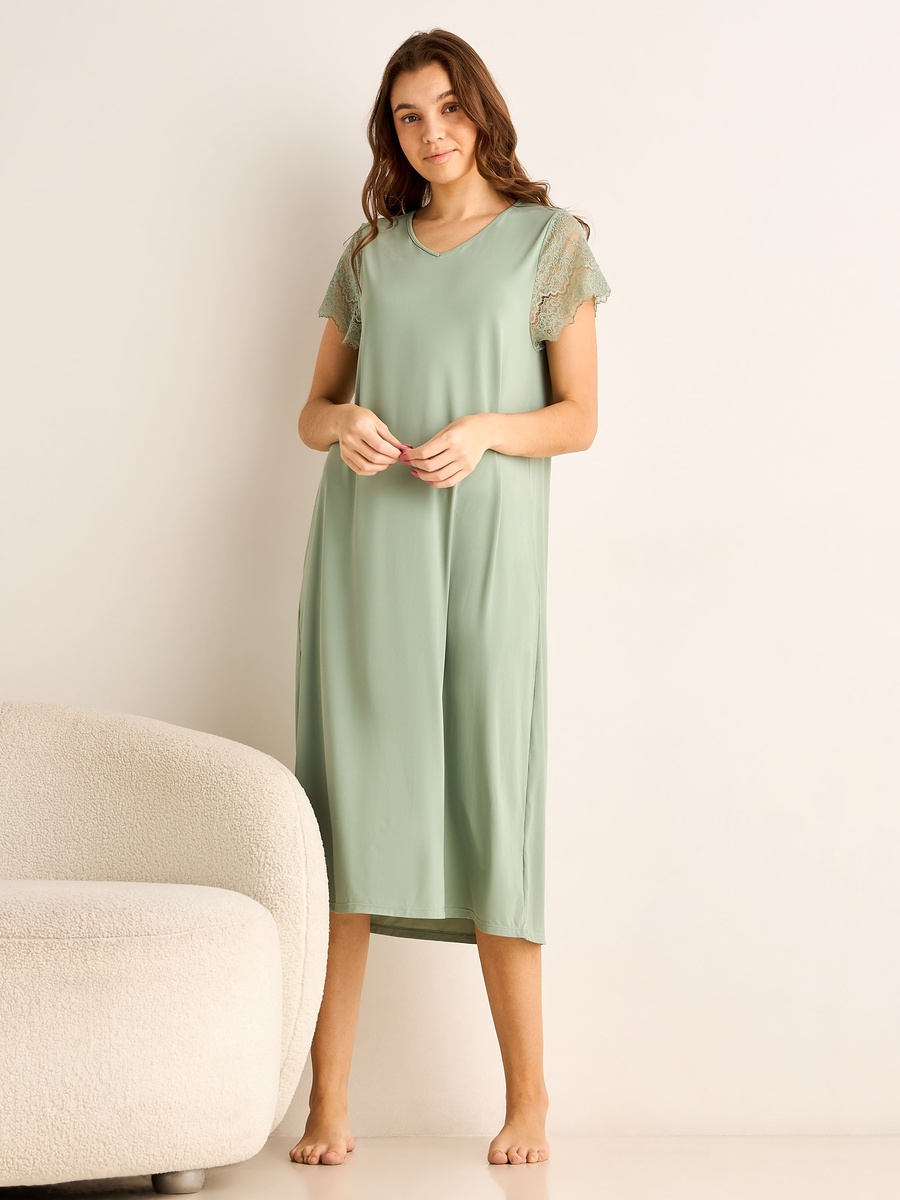 Midi Night Dress with Lace Sleeves