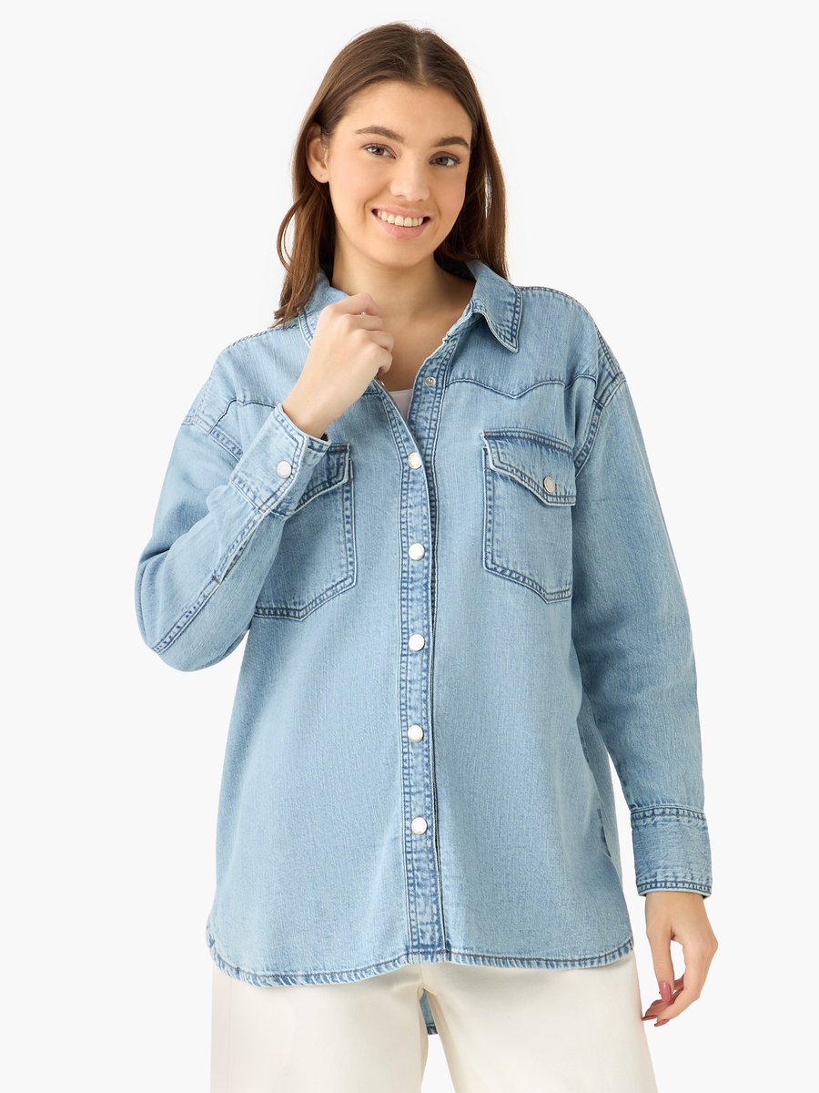 Oversized Cotton Denim Shirt with Chest Pockets