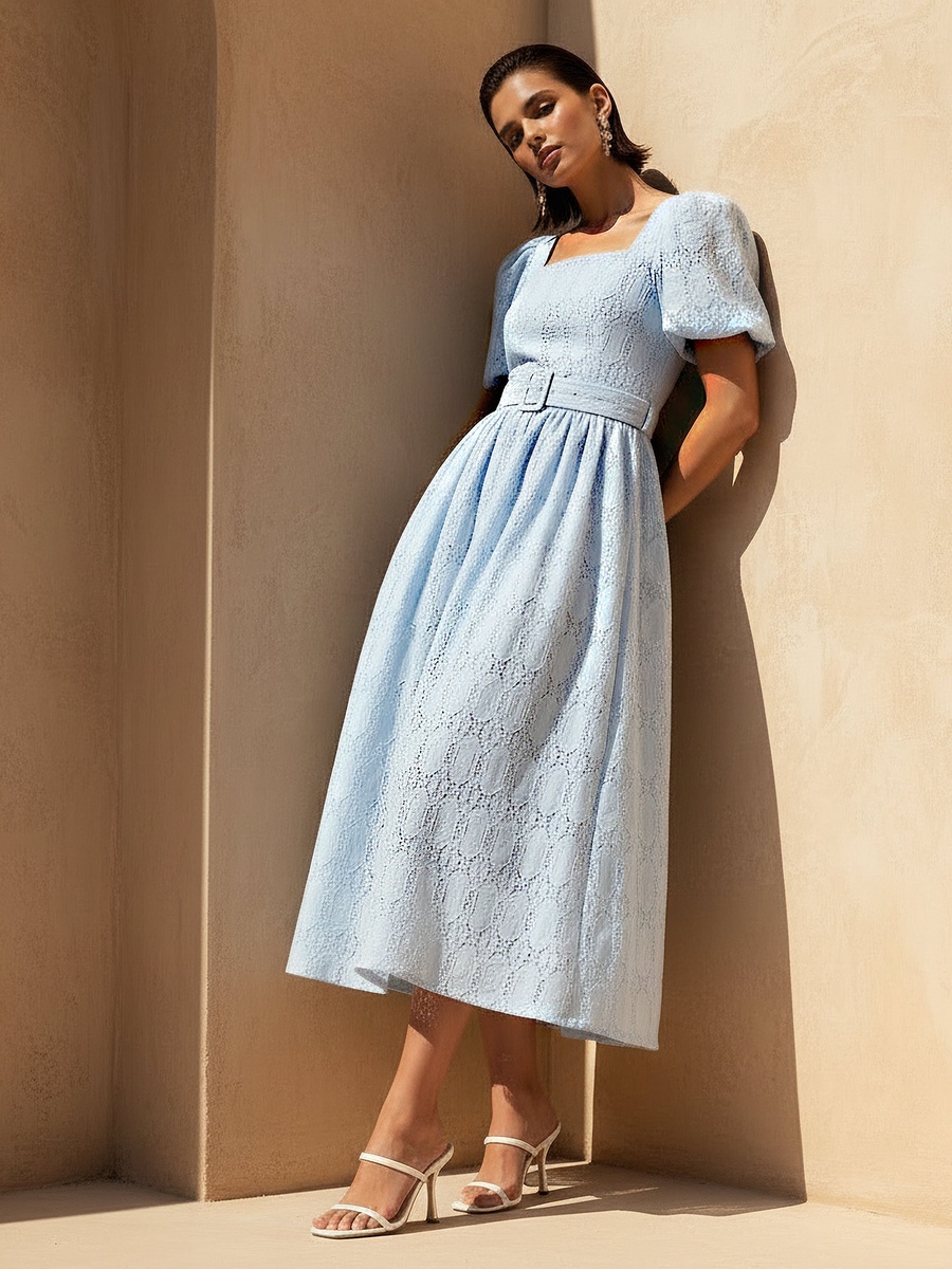 A-Line Midi Dress with Puff Sleeves