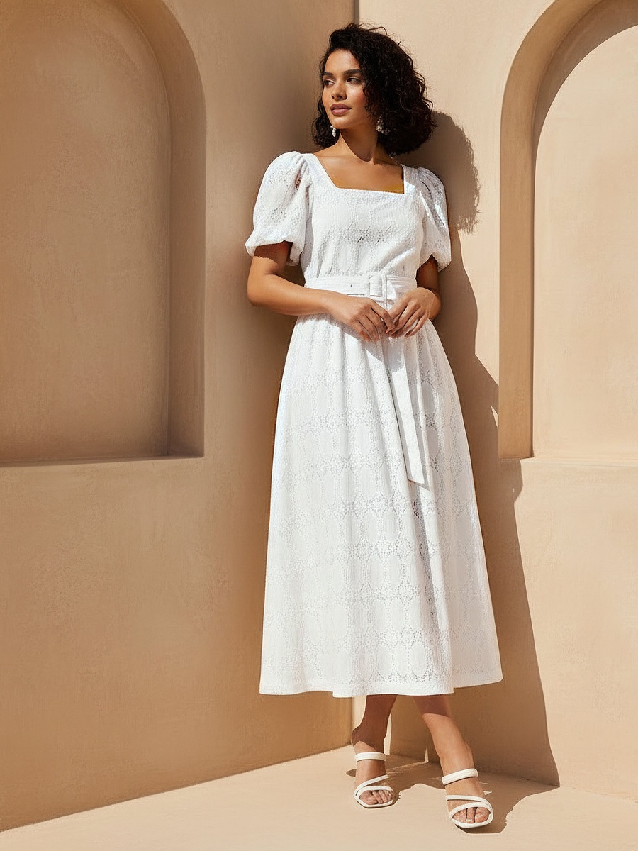 A-Line Midi Dress with Puff Sleeves