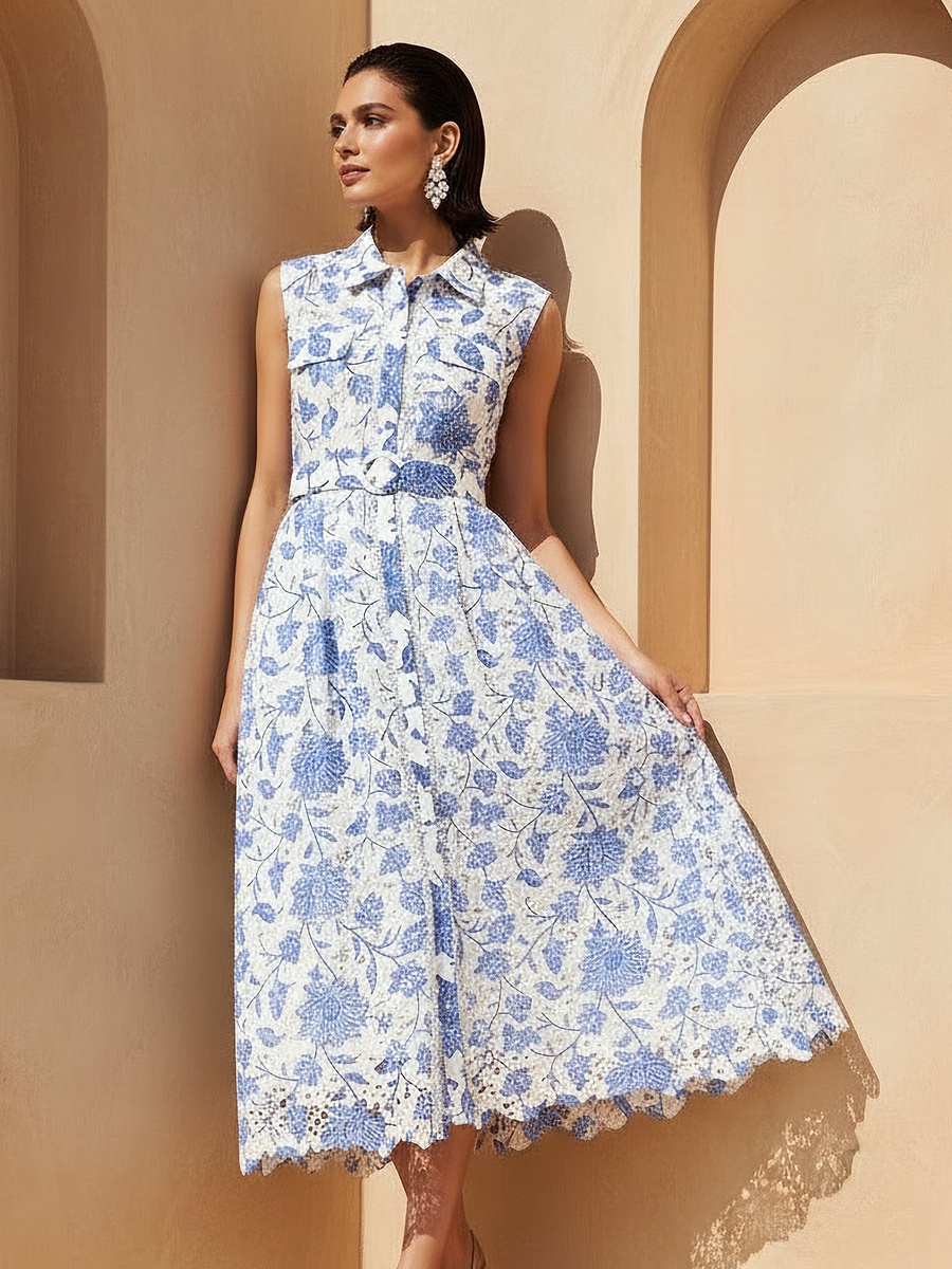 Floral Print Women Shirt Dress with Belt