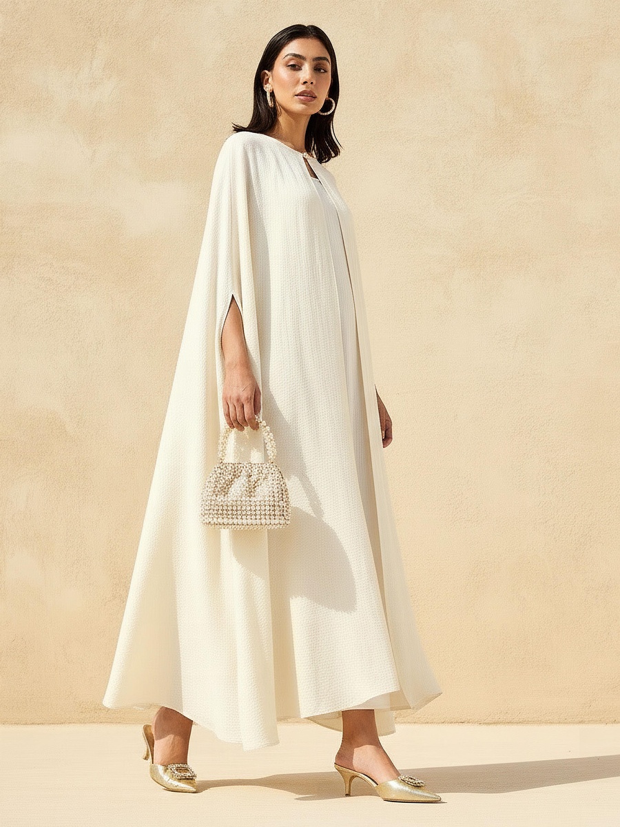 A-Line Maxi Dress with Textured Design and Button Detail Cape