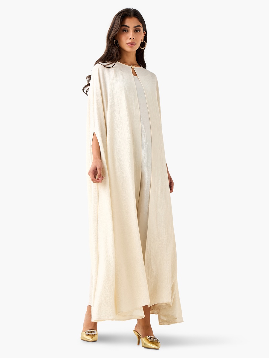 A-Line Maxi Dress with Textured Design and Button Detail Cape