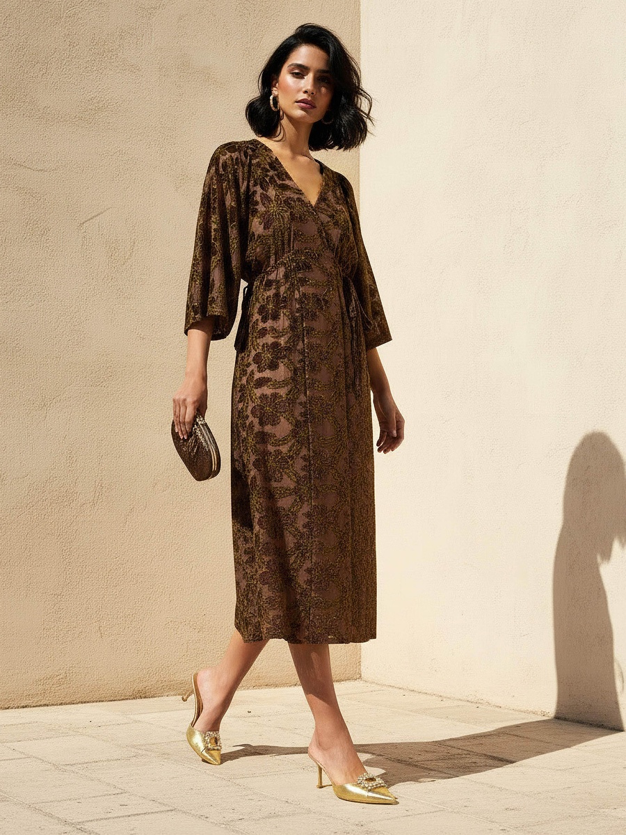 Floral Jacquard Dress with V Neck