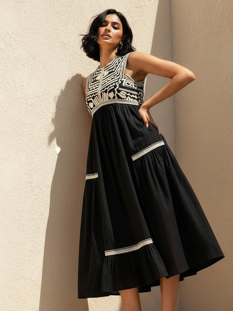Embroidered A-Line Dress with Square Neck