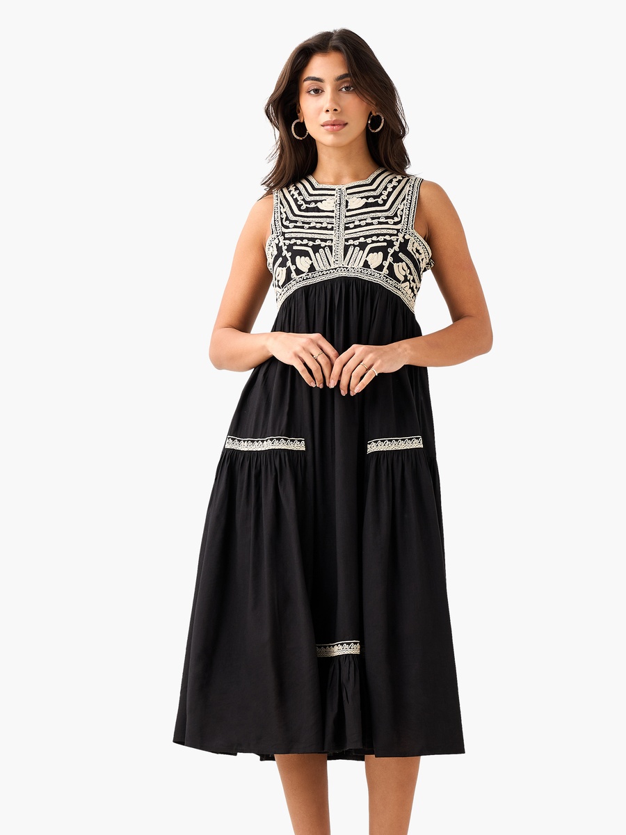 Embroidered A-Line Dress with Square Neck