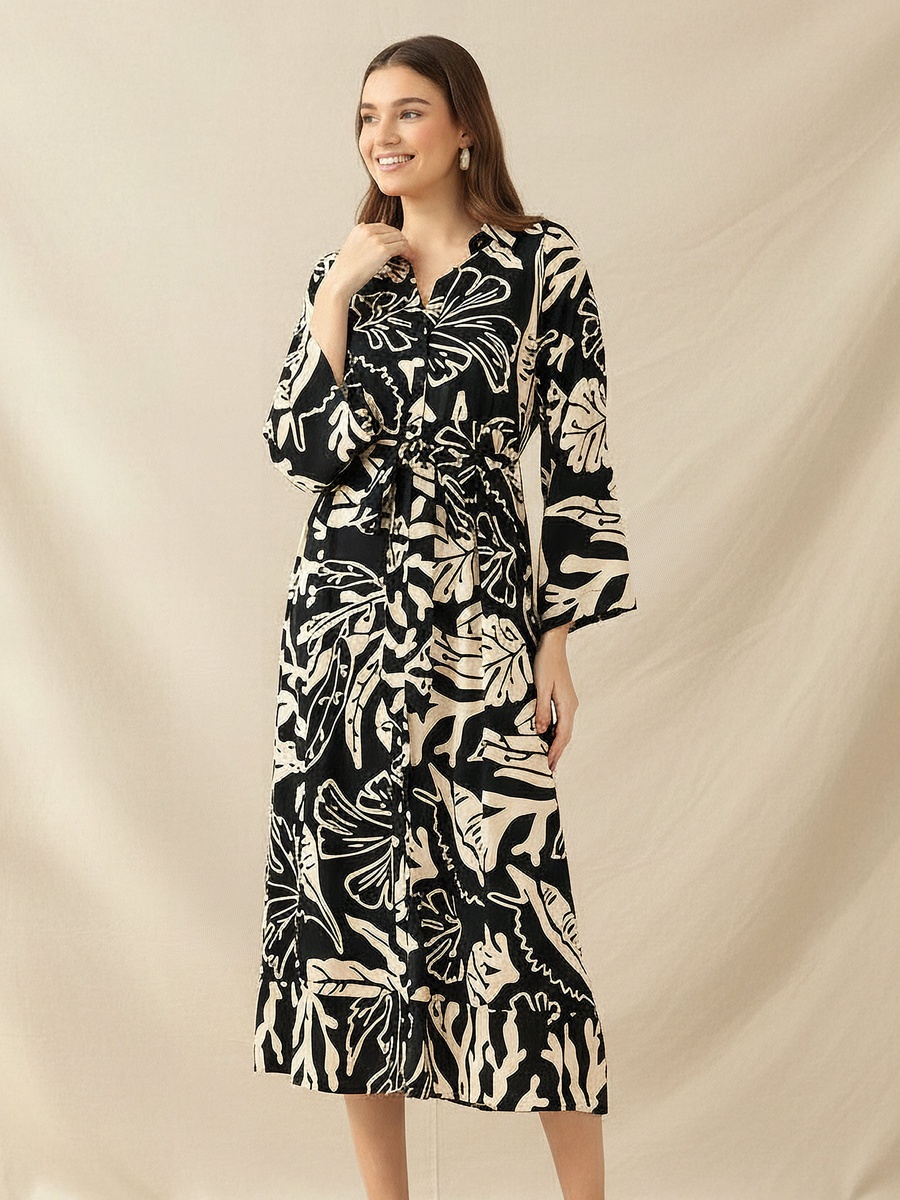 Leaf Print Viscose Shirt Dress with Belt