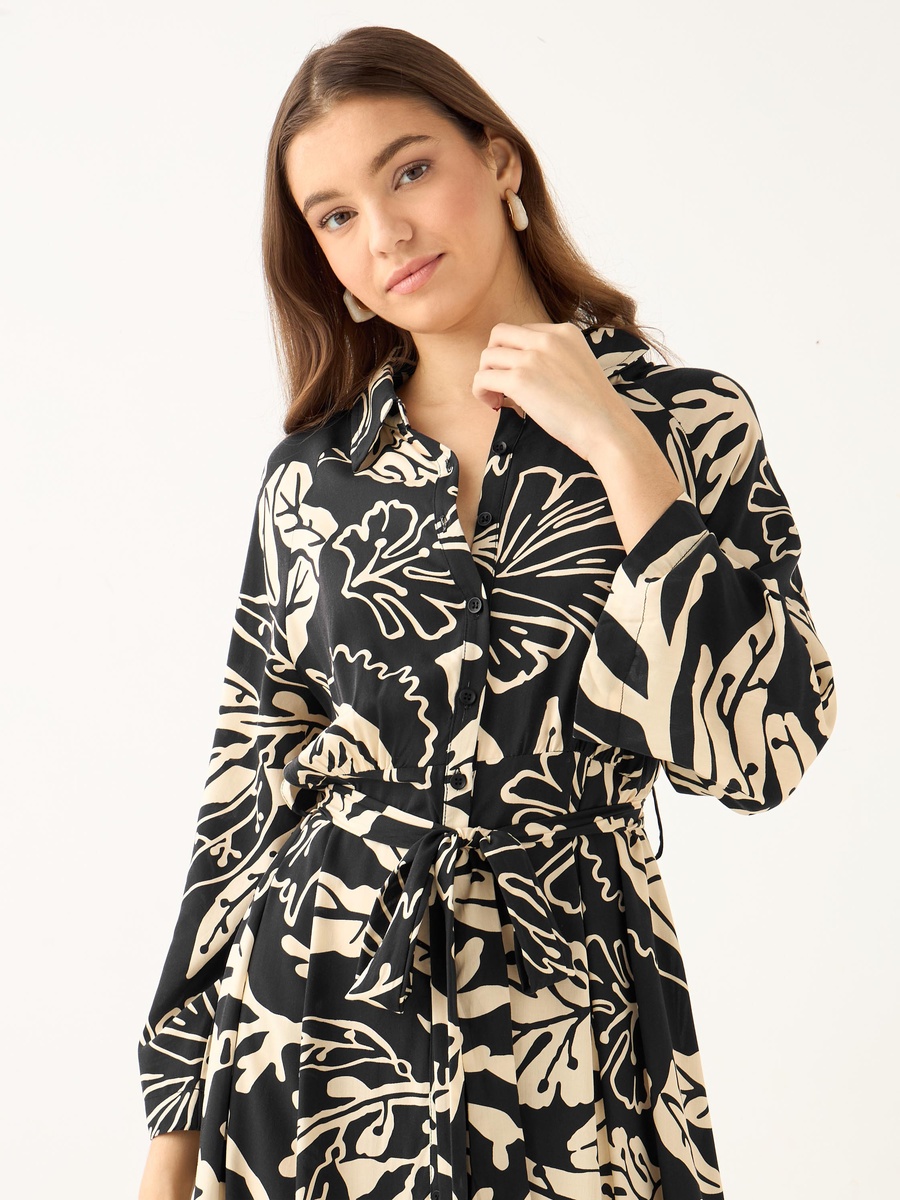 Leaf Print Viscose Shirt Dress with Belt