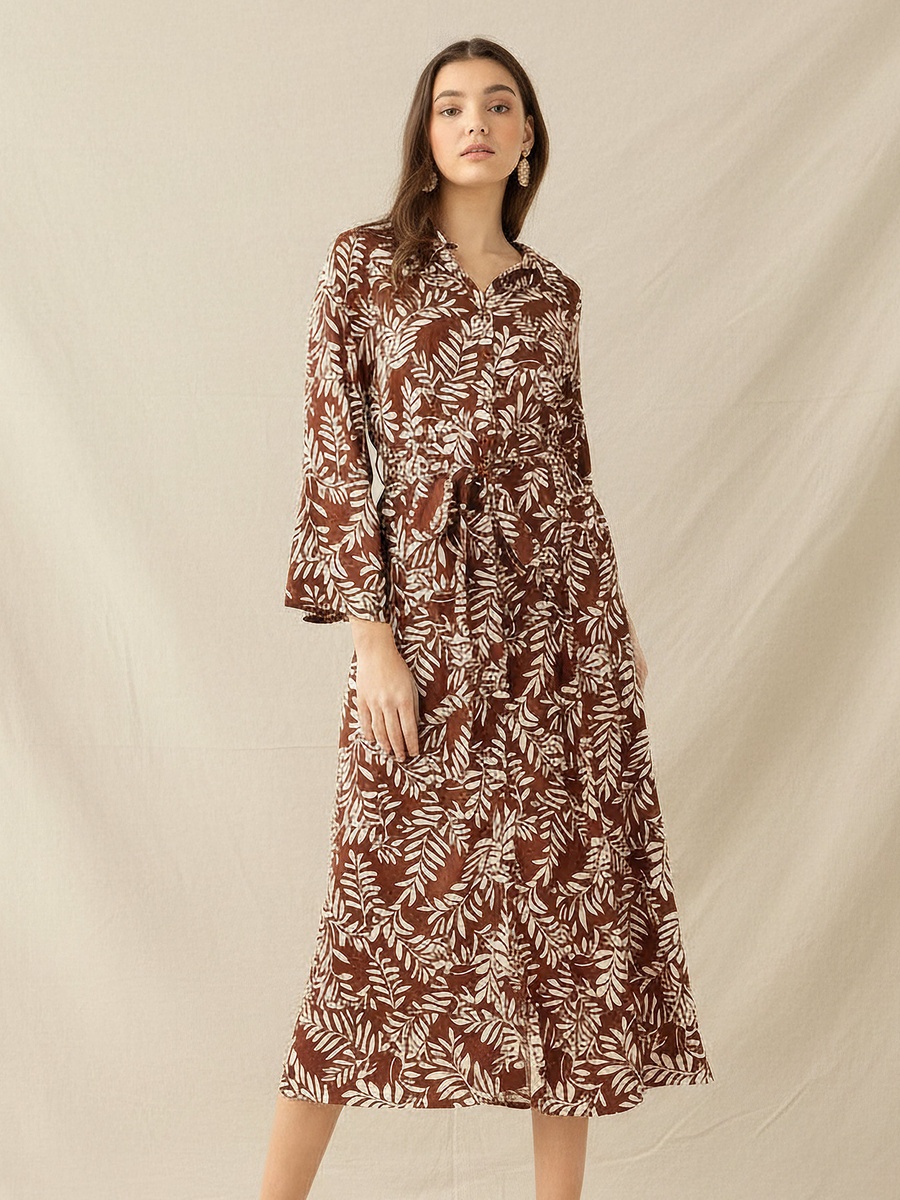 Leaf Print Viscose Shirt Dress with Belt