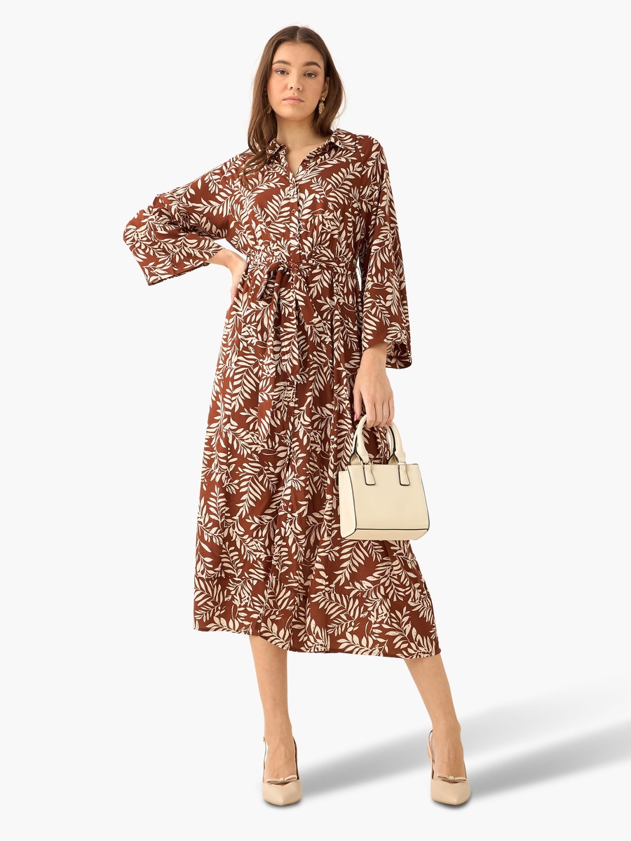 Leaf Print Viscose Shirt Dress with Belt