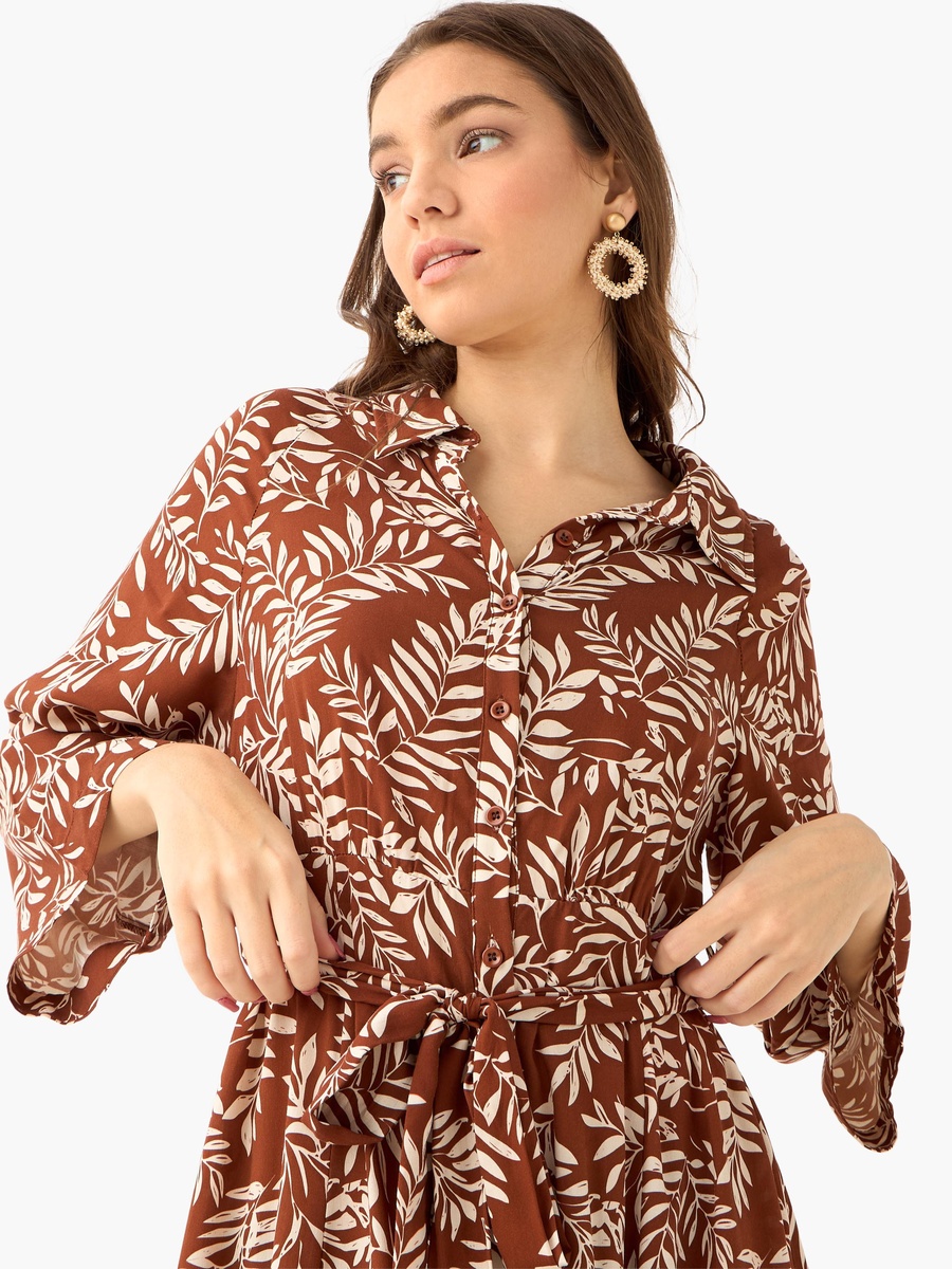 Leaf Print Viscose Shirt Dress with Belt