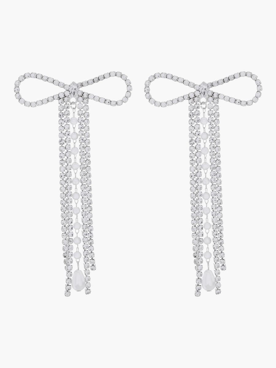 Silver Tone Bow Embellished Drop Earrings with Pushback Closure