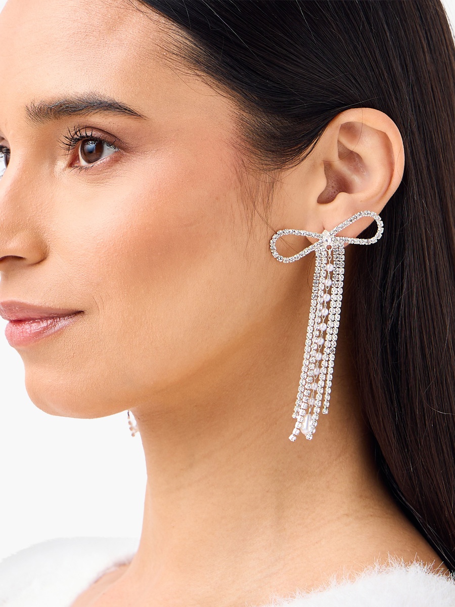 Silver Tone Bow Embellished Drop Earrings with Pushback Closure