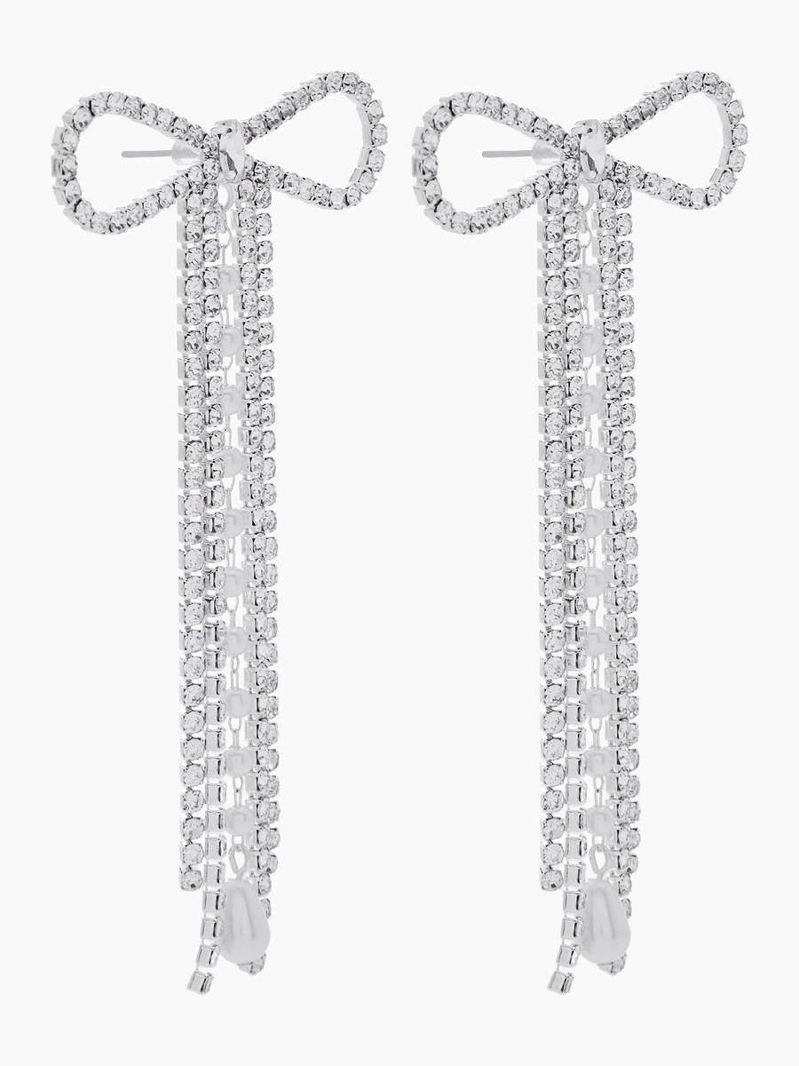 Silver Tone Bow Embellished Drop Earrings with Pushback Closure