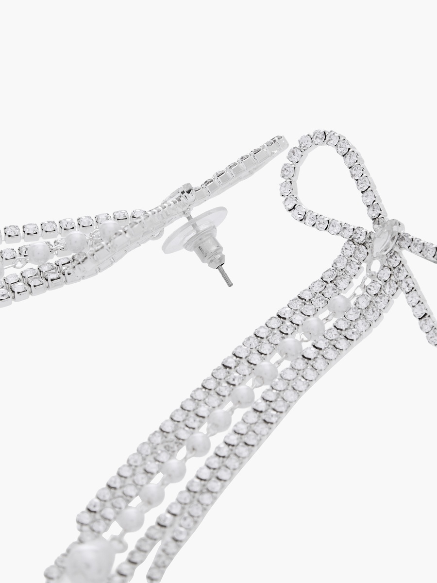 Silver Tone Bow Embellished Drop Earrings with Pushback Closure