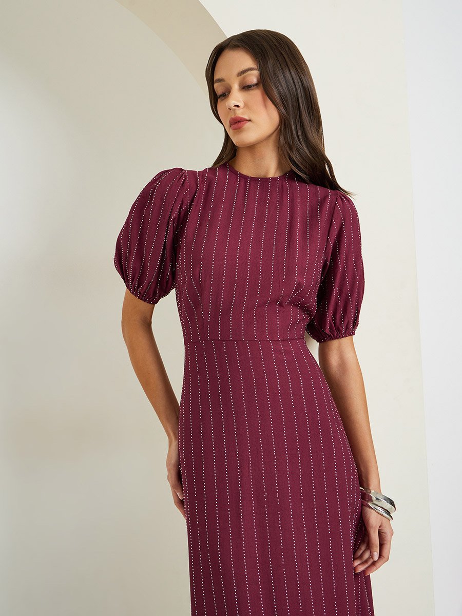 Burgundy Embellished Puff Sleeves Maxi Dress For Women at Bahrain | Styli Burgundy Embellished Puff Sleeves Maxi Dress For Women at Bahrain | Styli