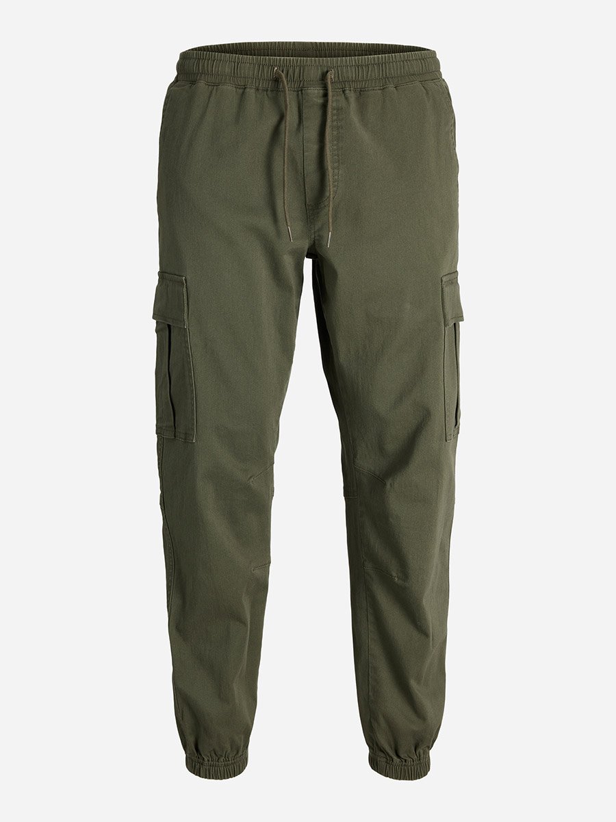 Olive Solid Cargo Pants with Drawstring