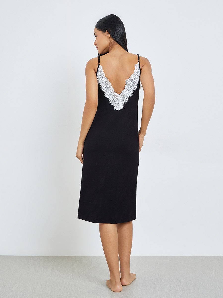 Black Contrast Lace Detail Slip Dress