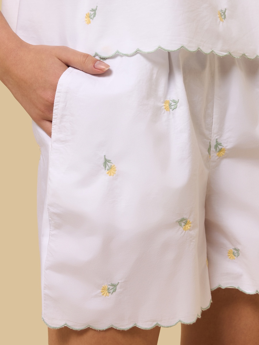 Floral Embroidered Cotton Shorts Set