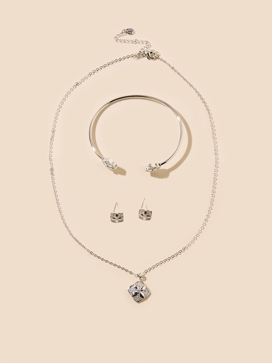 Embellished Pendant Necklace With Earrings And Cuff Bracelet