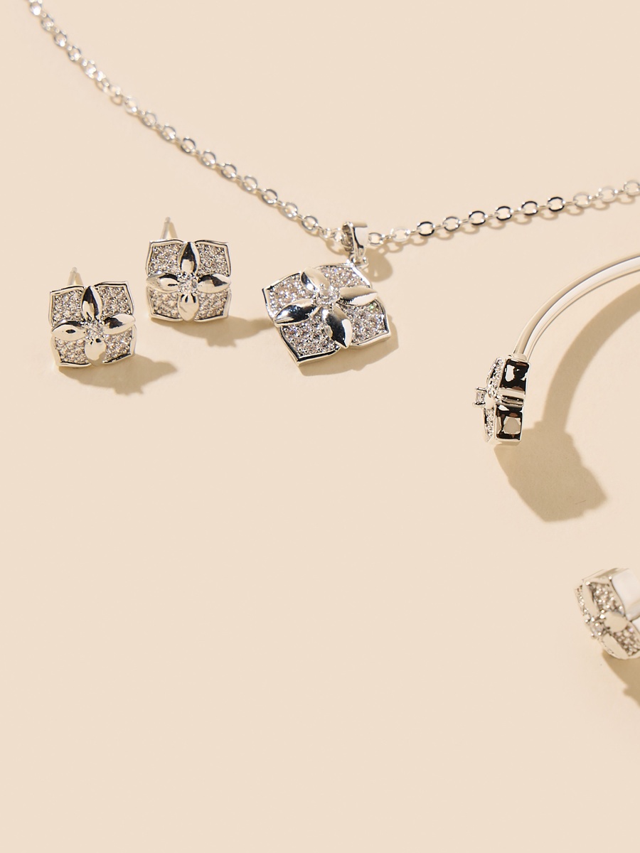 Embellished Pendant Necklace With Earrings And Cuff Bracelet