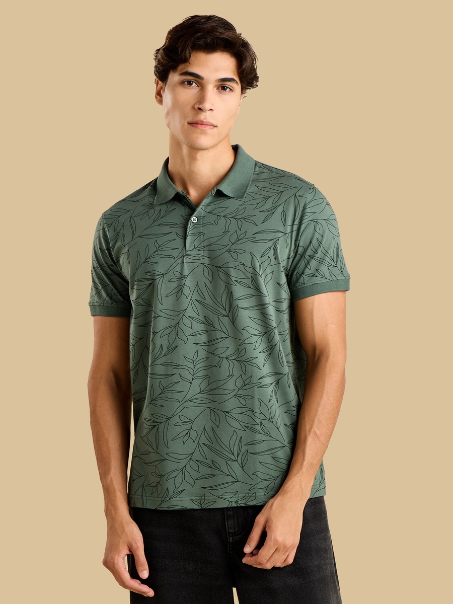 Leaf Print Jersey Polo T-Shirt
