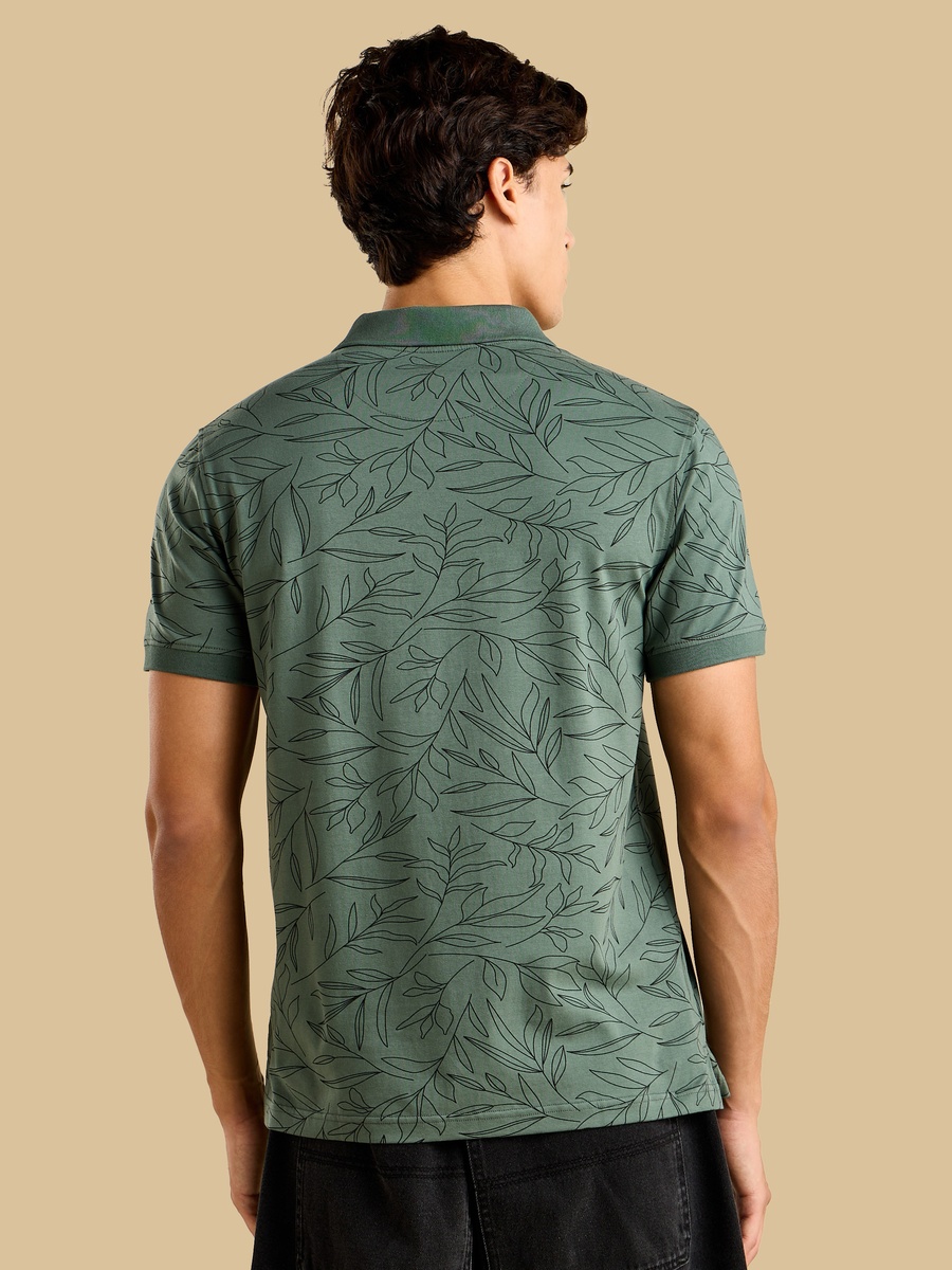 Leaf Print Jersey Polo T-Shirt