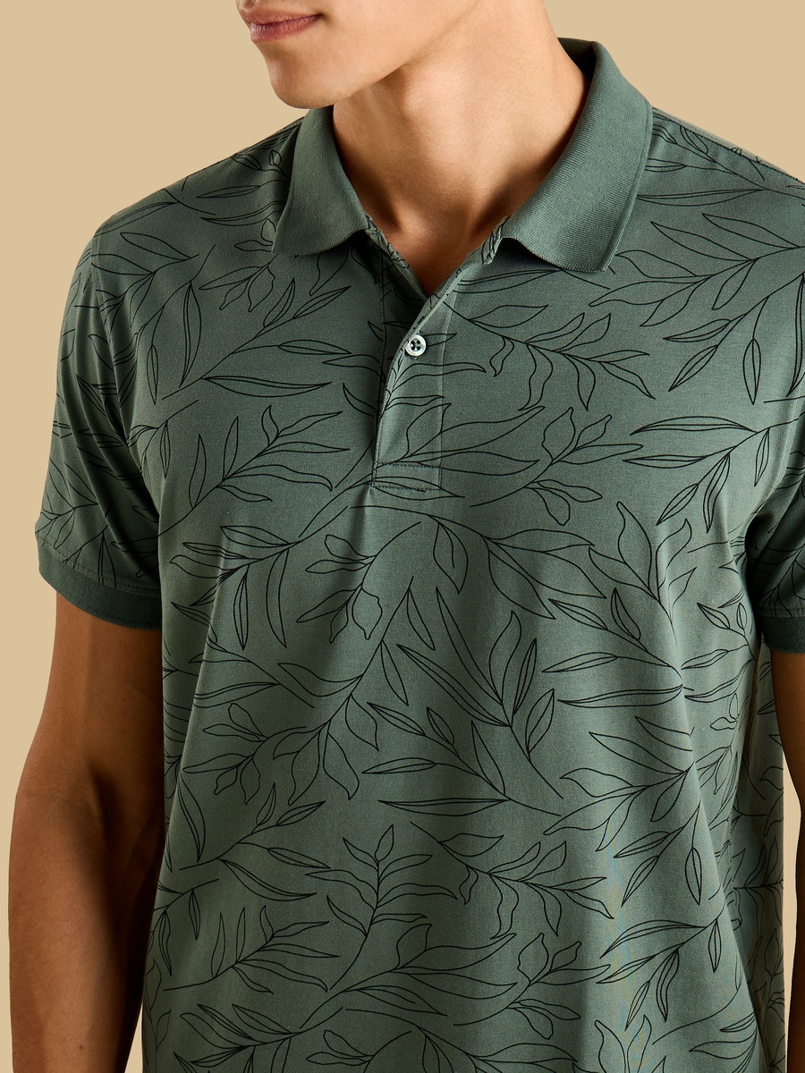 Leaf Print Jersey Polo T-Shirt