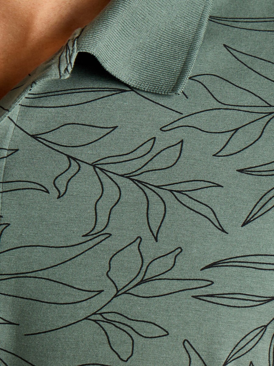 Leaf Print Jersey Polo T-Shirt