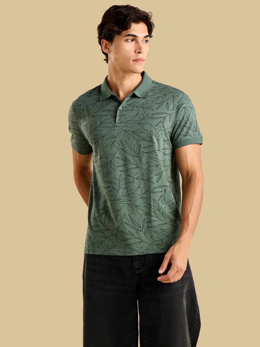 Leaf Print Jersey Polo T-Shirt