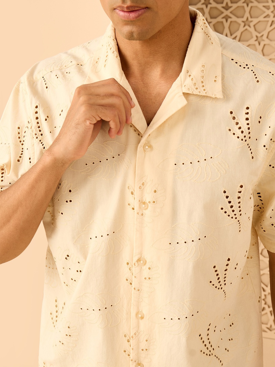 Schiffli Detail Camp Collar Shirt