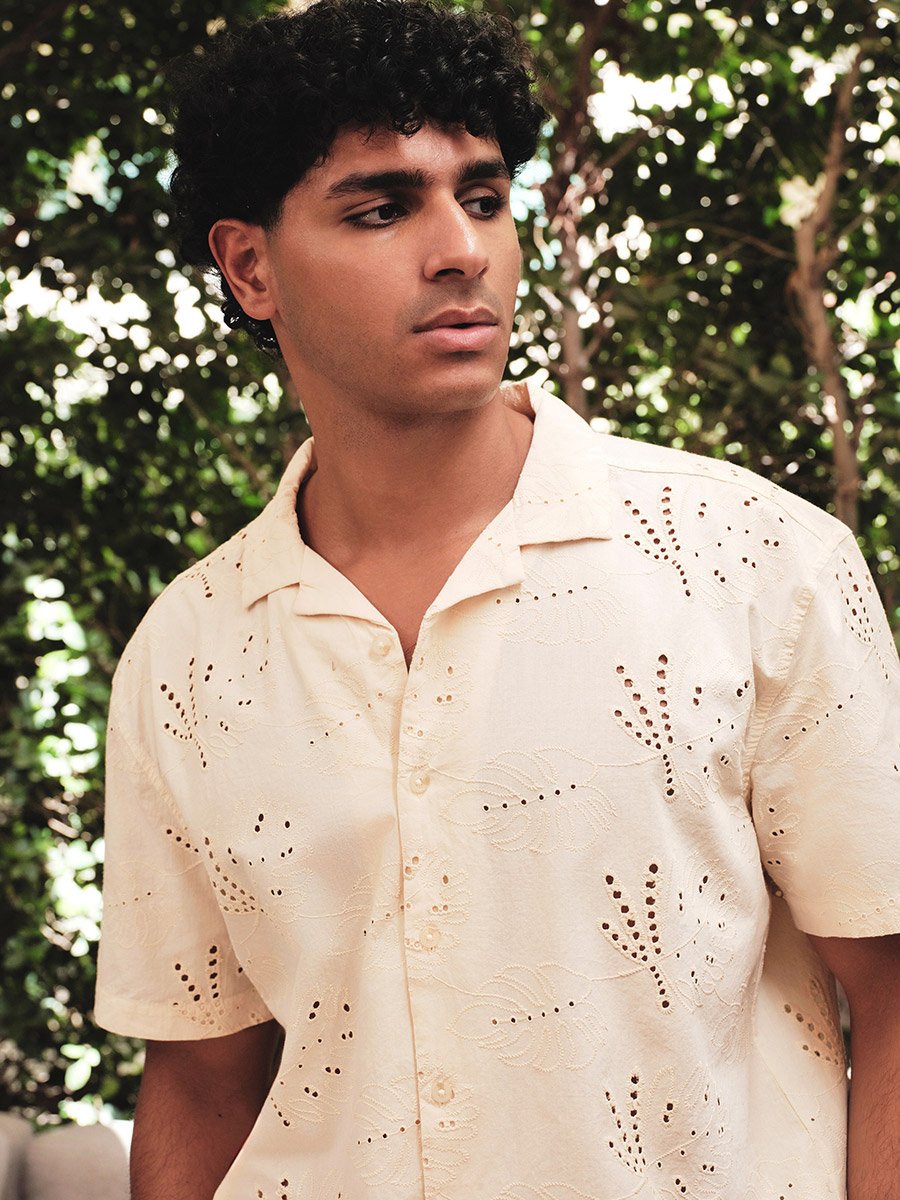 Schiffli Detail Camp Collar Shirt
