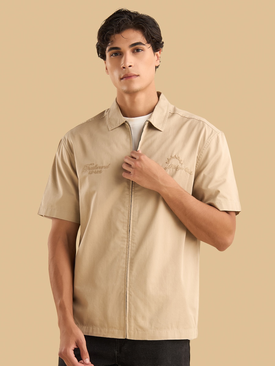 Embroidered Zip Through Twill Resort Shirt