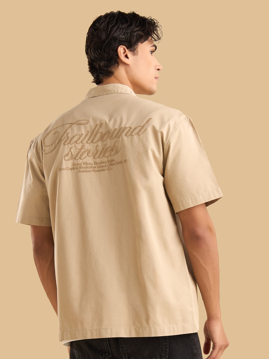 Embroidered Zip Through Twill Resort Shirt