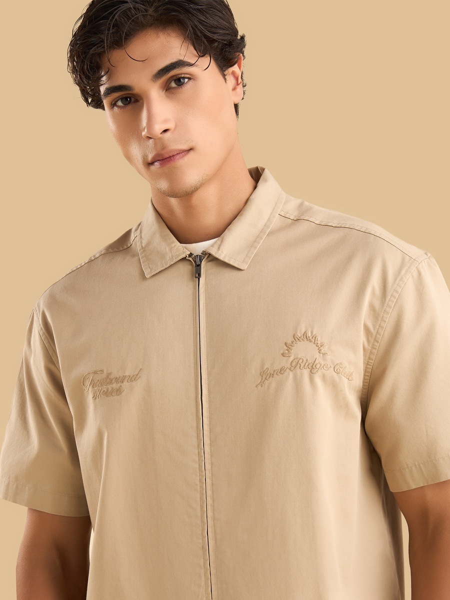 Embroidered Zip Through Twill Resort Shirt