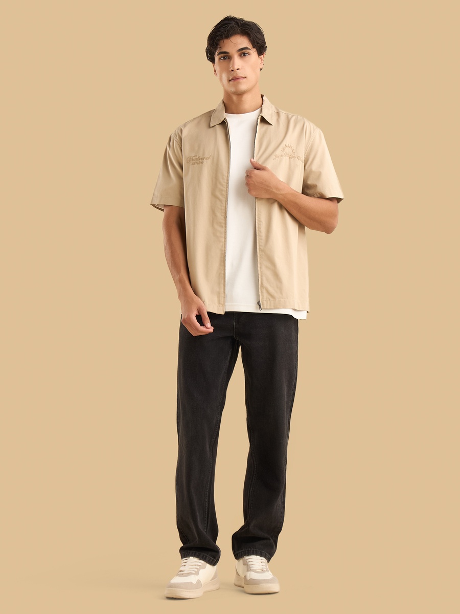 Embroidered Zip Through Twill Resort Shirt