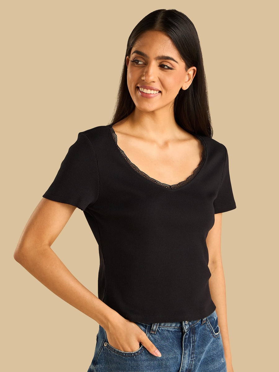 Ribbed T-Shirt with Lace Trim