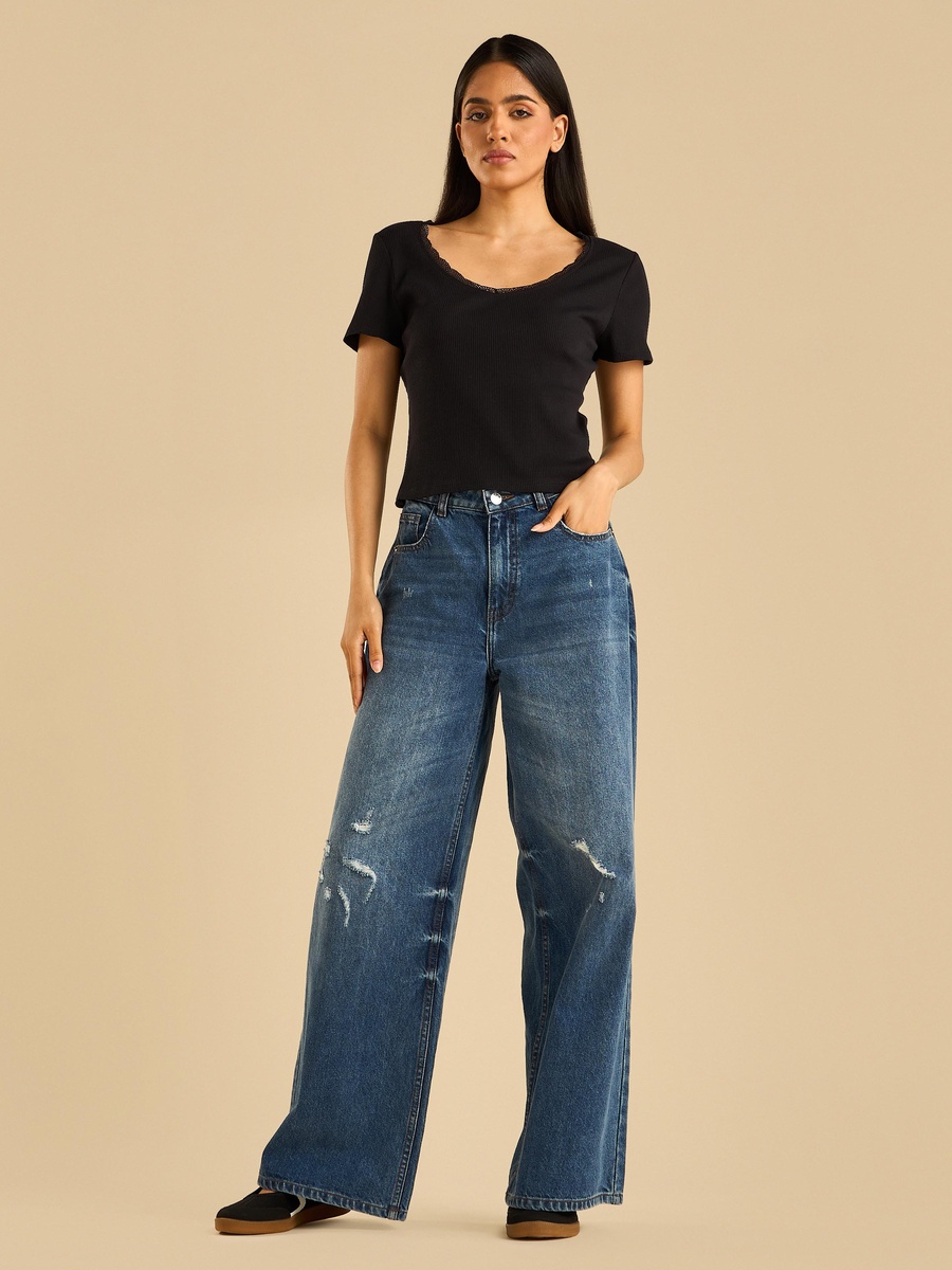 Ribbed T-Shirt with Lace Trim
