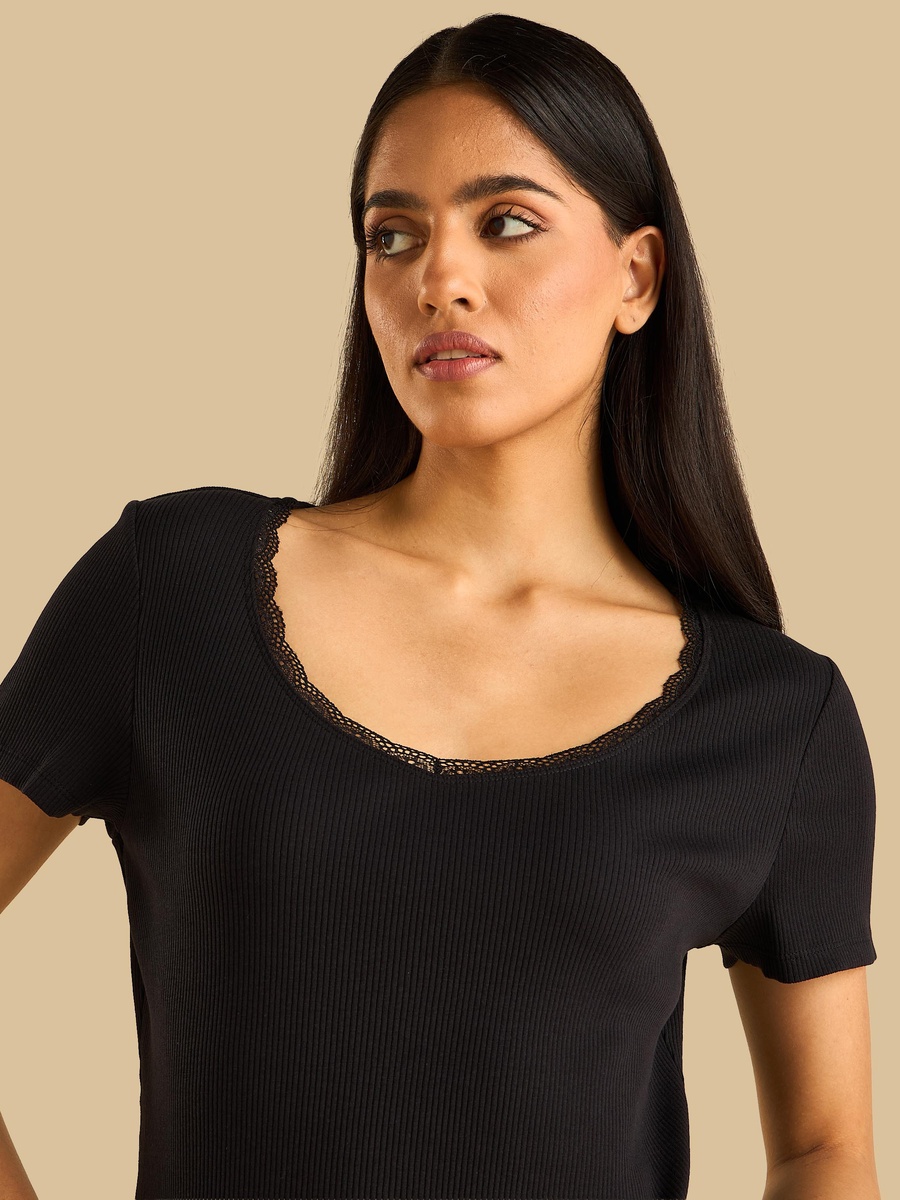 Ribbed T-Shirt with Lace Trim