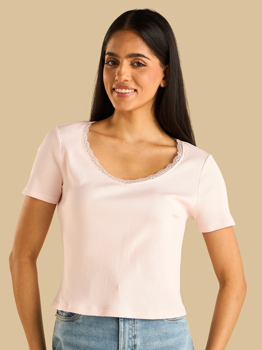 Ribbed T-Shirt with Lace Trim
