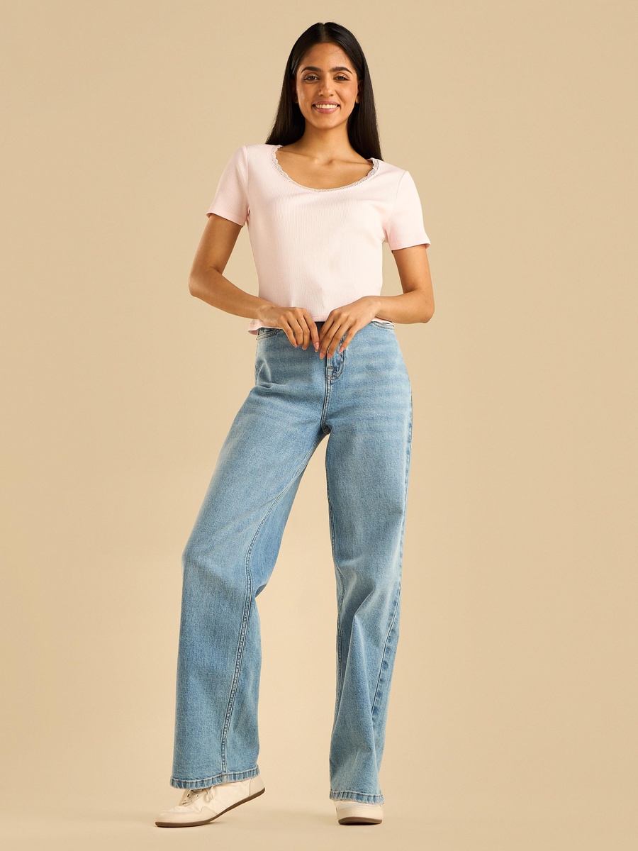 Ribbed T-Shirt with Lace Trim