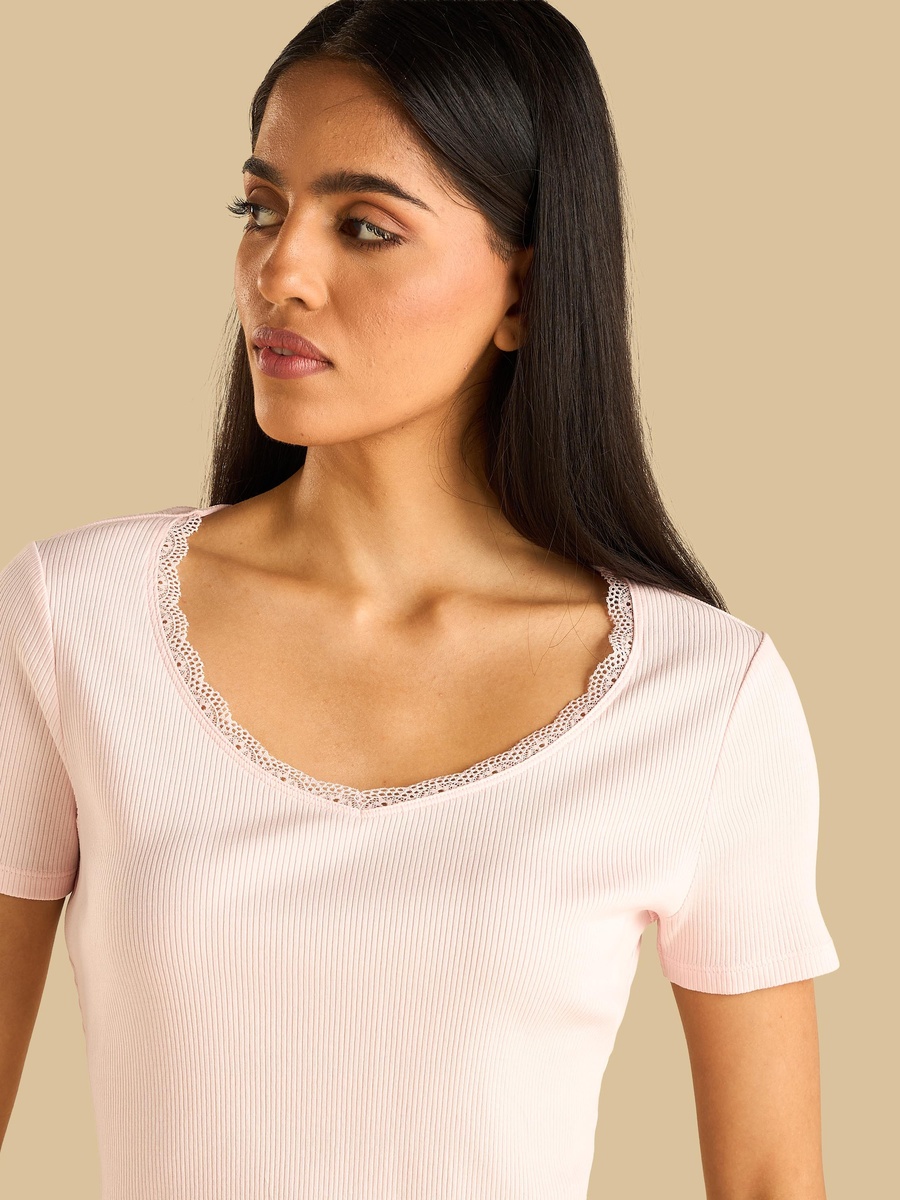 Ribbed T-Shirt with Lace Trim
